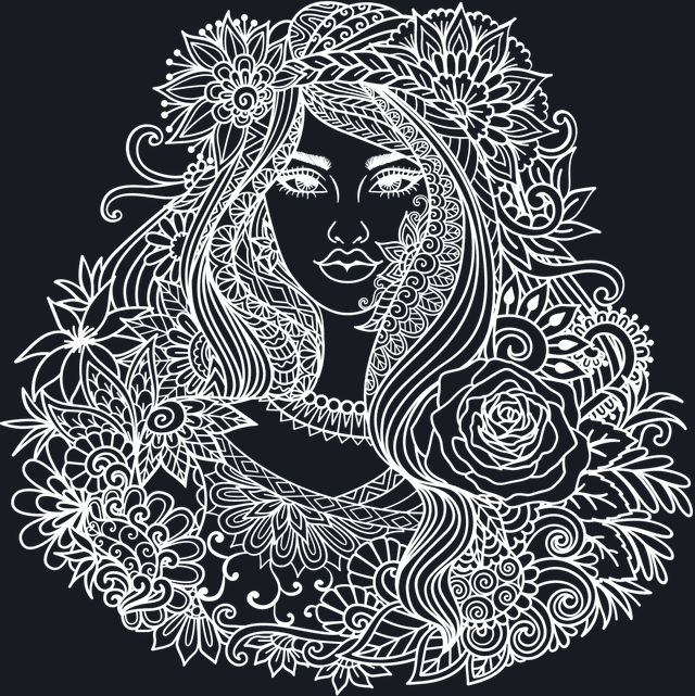 Line-art illustration of a goddess with flowing hair and flowers